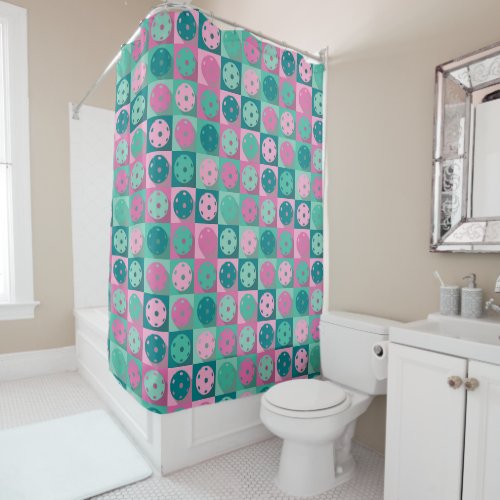 Pickleball minty green and pink shower curtain
