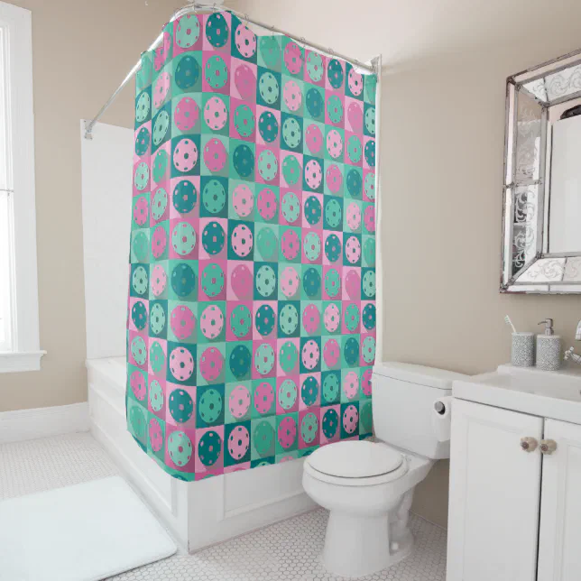 Pickleball (minty green and pink) shower curtain Zazzle