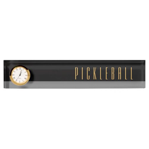PICKLEBALL Modern Black Gray Color Block Clock Desk Name Plate
