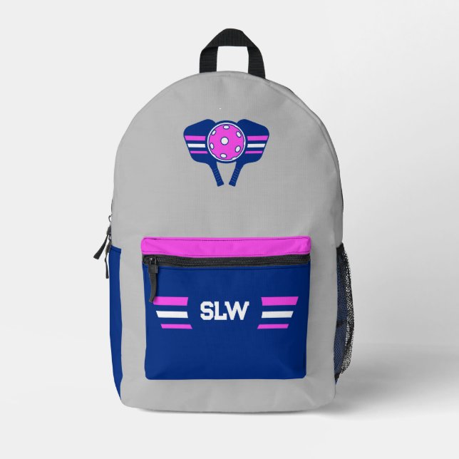 Pickleball Monogram Gray, Navy Blue & Pink Printed Backpack (Front)