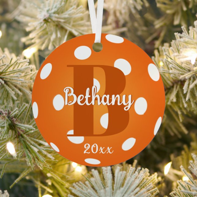 Pickleball Monogram Name Orange Metal Ornament (Insitu)