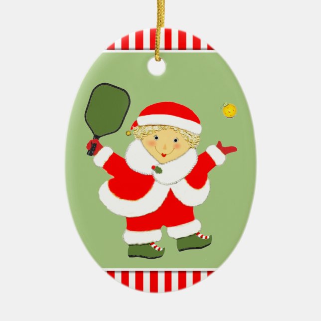 Pickleball Mrs. Claus Ceramic Ornament (Front)