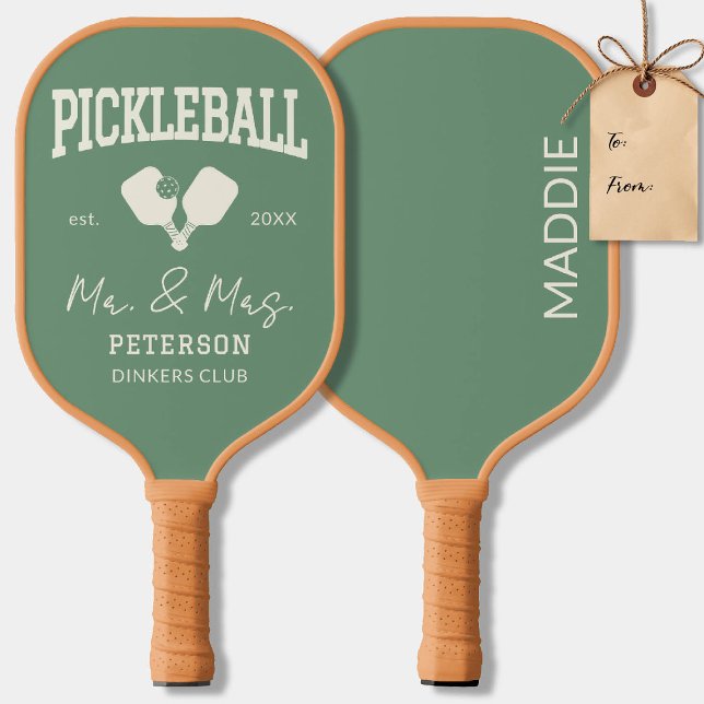 Pickleball Newlyweds Gift Custom Text Green Yellow Carbon Fiber Pickleball Paddle (pickleball personalized newlywed gift paddles club team player gift custom text green)