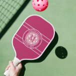 Pickleball Ninja Custom Name Initial Girly Pink Pickleball Paddle<br><div class="desc">Classic design features two lines of customizable text for "Pickleball Ninja" or custom saying of choice and name or custom text in a timeless modern font arched over & under an image of a pickleball in pink on a colorful pink background. Add one or two intials in the center of...</div>