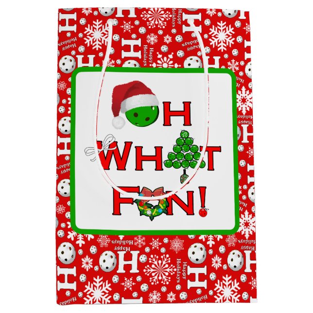 Pickleball Oh What Fun Christmas Red and White Medium Gift Bag (Front)