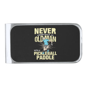 Pickleball - Old Man With A Pickleball Paddle Silver Finish Money Clip