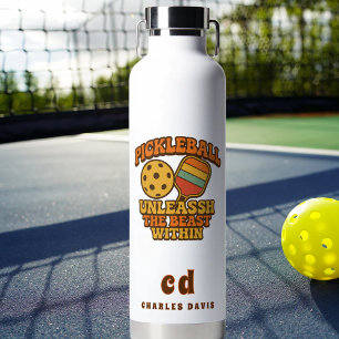 Pickleball orange fun quote retro monogram water bottle