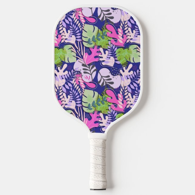 Pickleball Paddle : Abstract Leaves (blue/fuchsia) (Front)