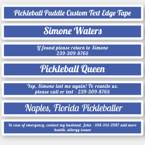 Pickleball Paddle Edge Tape Custom Text Blue White Sticker