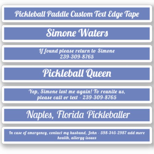 Pickleball Paddle Edge Tape Custom Text Blue White Sticker