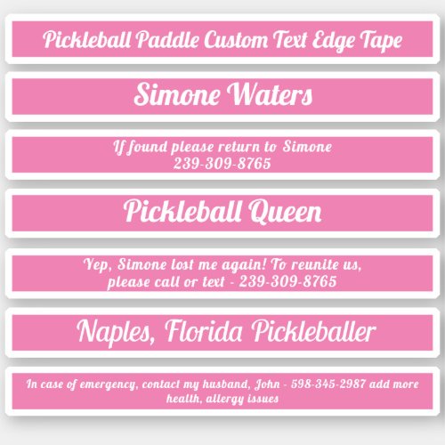 Pickleball Paddle Edge Tape Custom Text Pink White Sticker