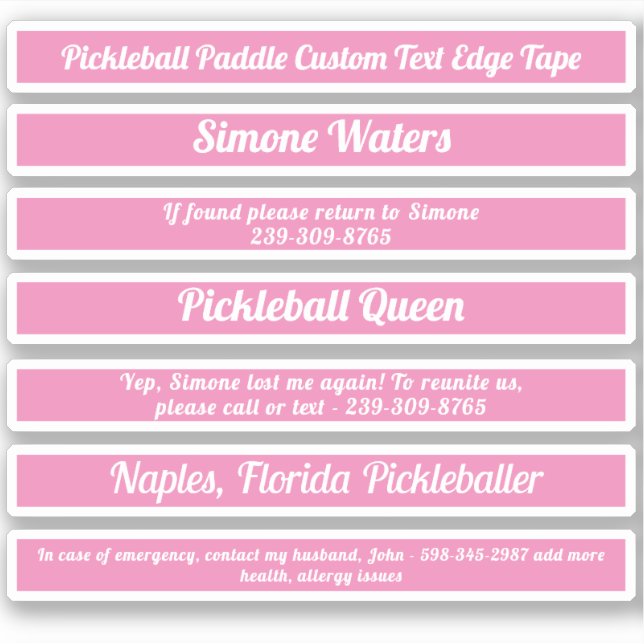Pickleball Paddle Edge Tape Custom Text Pink White Sticker (Front)