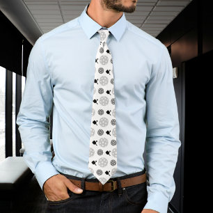 Pickleball Paddle Gray White Ball Racket Pattern Neck Tie