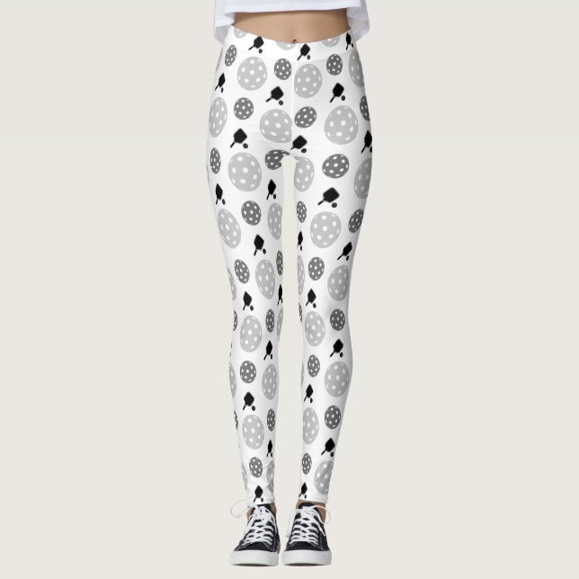 Pickleball Paddle Gray White Racket Ball Pattern  Leggings (Front)