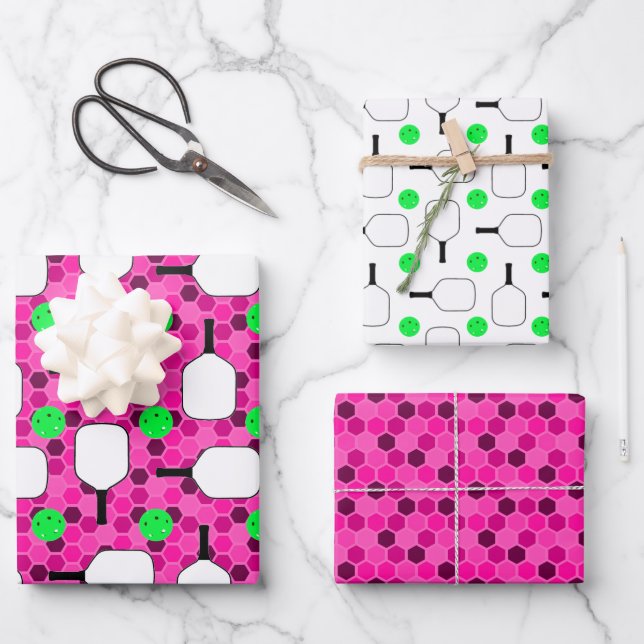Pickleball Paddle - Magenta Honeycomb Hexagons Wrapping Paper Sheets (Front)