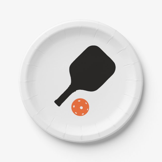 Pickleball paddle & orange pickleball paper plates (Front)