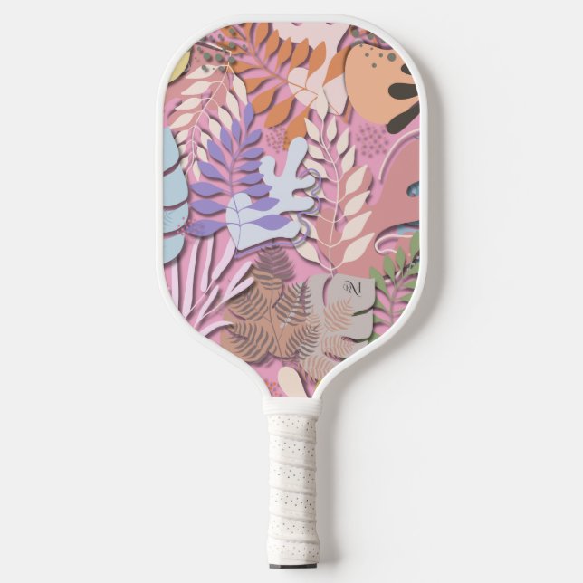 Pickleball Paddle : Organic Leaves (pink/grey) (Front)