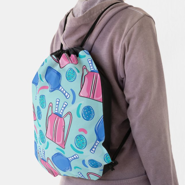 Pickleball Paddles and Balls Blue Drawstring Bag (Insitu)