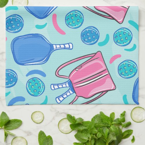 Pickleball Paddles and Balls Blue Kitchen Towel