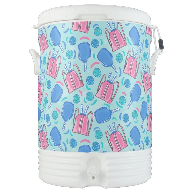 Pickleball Paddles and Balls Blue Preppy Beverage Cooler (Front)