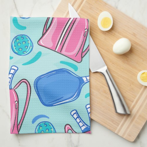 Pickleball Paddles and Balls Blue Preppy Kitchen Towel