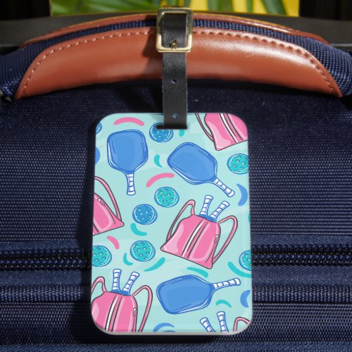 Pickleball Paddles and Balls Blue Preppy Luggage Tag
