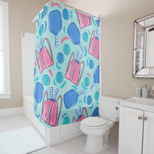 Pickleball Paddles and Balls Blue Preppy Shower Curtain