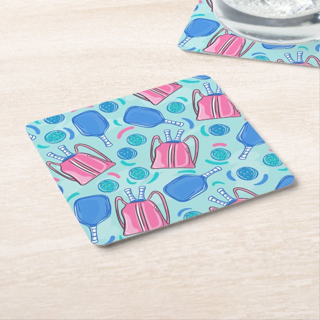 Pickleball Paddles and Balls Blue Square Paper Coaster (Angled)