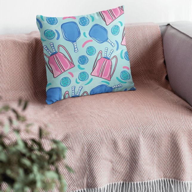 Pickleball Paddles and Balls Blue  Throw Pillow (Creator Uploaded)