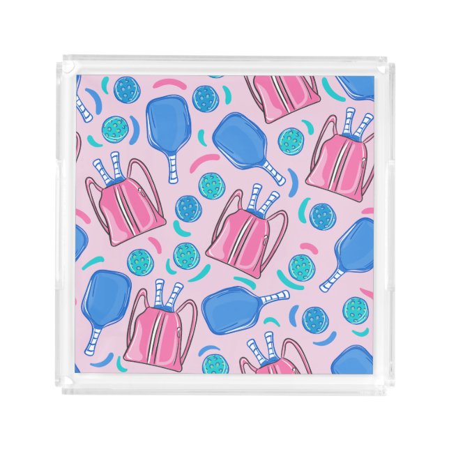 Pickleball Paddles and Balls Pink Preppy Acrylic Tray (Front)