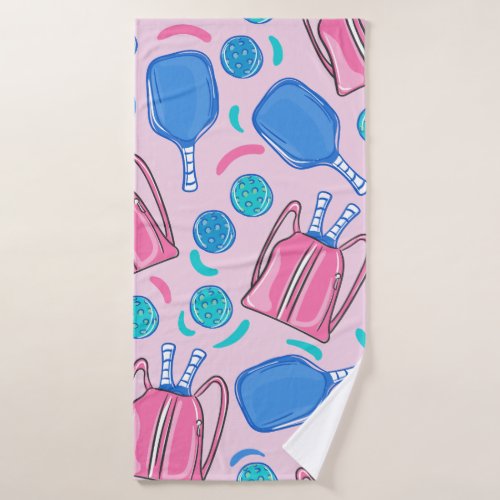 Pickleball Paddles and Balls Pink Preppy Bath Towel