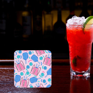 Pickleball Paddles and Balls Pink Preppy Beverage Coaster