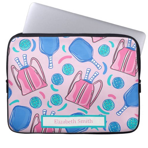 Pickleball Paddles and Balls Pink Preppy Custom Laptop Sleeve