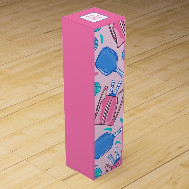 Pickleball Paddles and Balls Pink Preppy Custom Wine Box (Back)