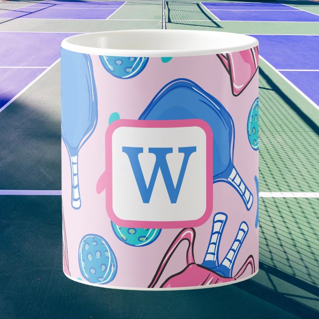 Pickleball Paddles and Balls Pink Preppy Initial Coffee Mug (Creator Uploaded)
