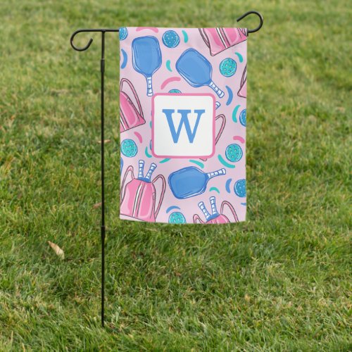Pickleball Paddles and Balls Pink Preppy Initial Garden Flag