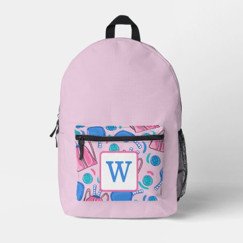 Pickleball Paddles and Balls Pink Preppy Initial Printed Backpack