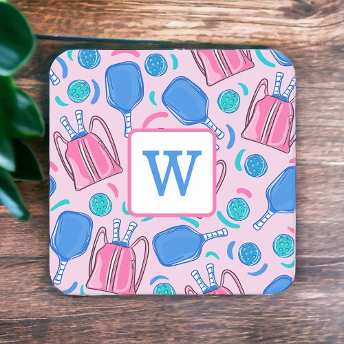 Pickleball Paddles and Balls Pink Preppy Initial Square Paper Coaster