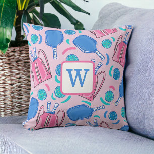 Pickleball Paddles and Balls Pink Preppy Initial Throw Pillow
