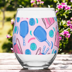 Pickleball Paddles and Balls Pink Preppy Stemless Wine Glass