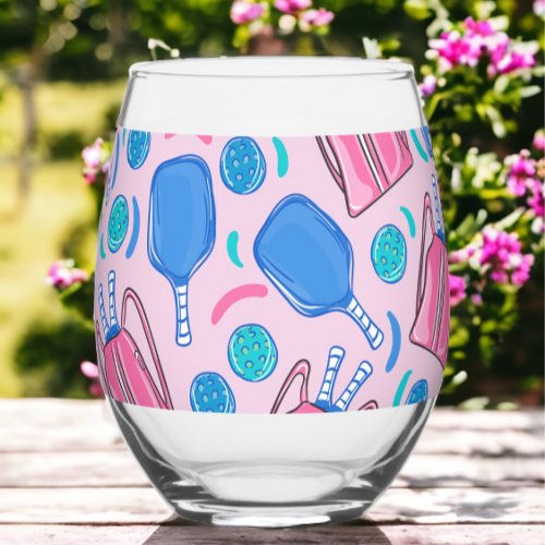 Pickleball Paddles and Balls Pink Preppy  Stemless Wine Glass