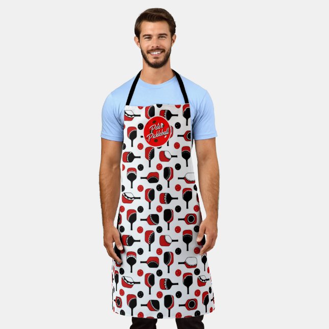 Pickleball Paddles Balls Black Red Personalized Apron (Worn)