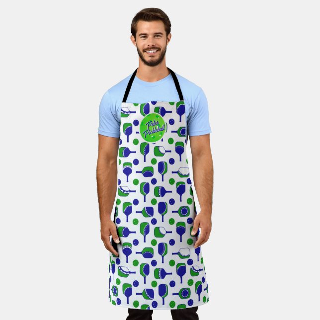 Pickleball Paddles Balls Blue Green Personalized Apron (Worn)