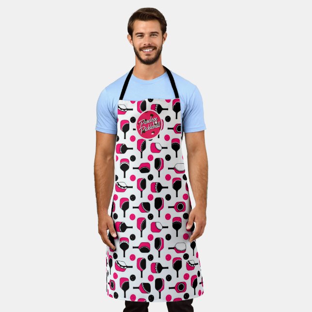 Pickleball Paddles Balls Pink Black Personalized Apron (Worn)