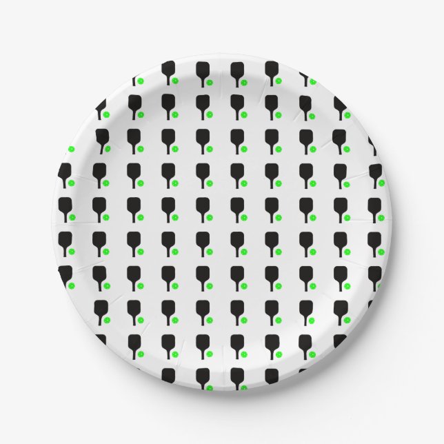 Pickleball paddles & green balls paper plates (Front)