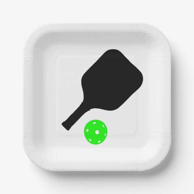 Pickleball paddles & green balls paper plates (Front)