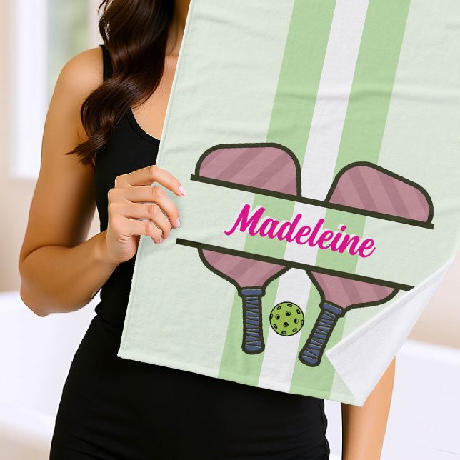 Pickleball Paddles Green Pink Personalized Gift Bath Towel (pickleball gift personalized towel paddles ball name retro calligraphy modern vintage pink green)
