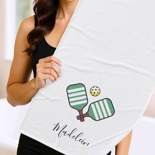 Pickleball Paddles Green Stripes Personalized Gift Bath Towel (pickleball gift personalized towel paddles ball name calligraphy modern chic)