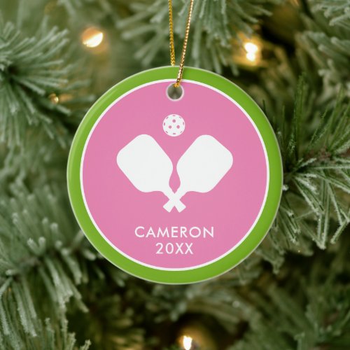 Pickleball Paddles Logo Pink Green Personalized Ceramic Ornament