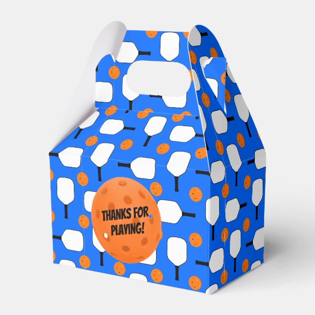 Pickleball Paddles, Orange Pickleball Balls, Blue Favor Boxes (Front Side)